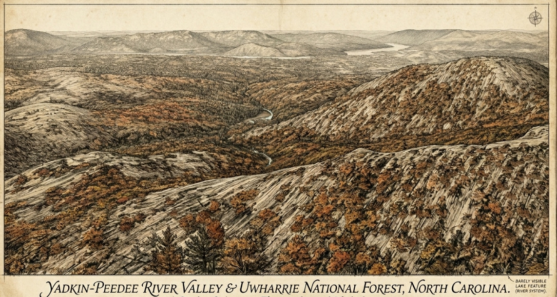 Panoramic pen-and-ink drawing looking across the Uwharrie ridges toward the Yadkin&ndash;Pee Dee valley, with a thread of river visible in the middle distance